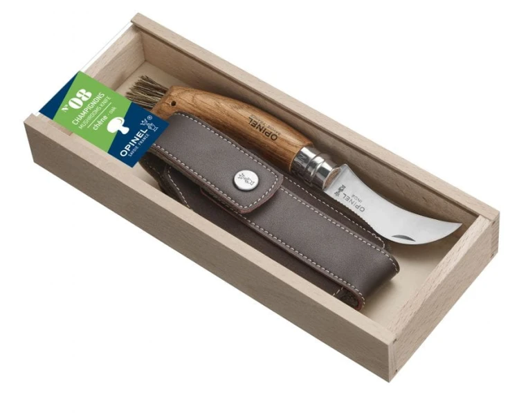 Nóż Opinel Inox dla grzybiarzy , naturalny dąb, szczotka z włosia dzika