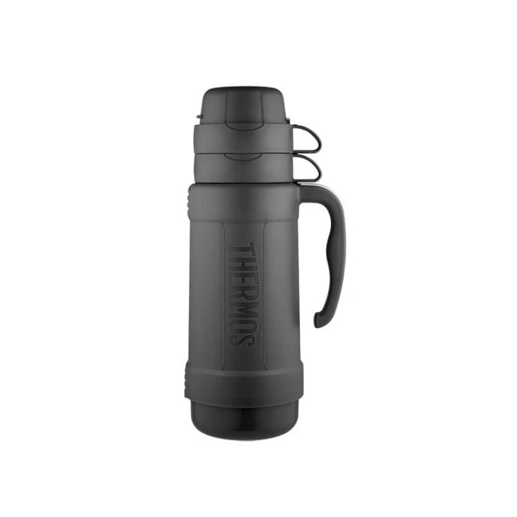 Szklany termos Thermos z dwoma kubkami 1 L, próżniowy, czarny, widok z boku