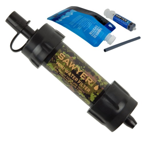 Filtr Sawyer Mini - MINI SP107 z akcesoriami - lekki i przenośny filtr do wody do użycia w terenie i podczas wyjazdu. Słomkowy. Wersja camo.
