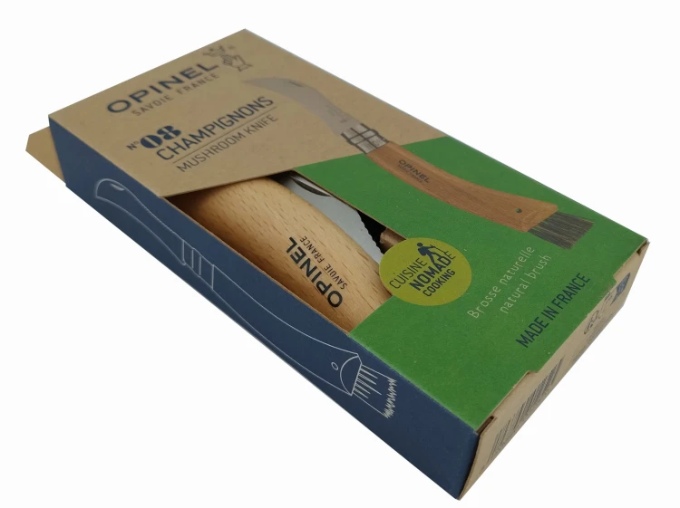 óż Opinel Inox dla grzybiarzy , naturalny buk, szczotka z włosia dzika