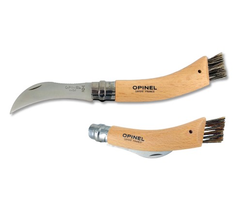 Nóż Opinel Inox dla grzybiarzy , naturalny buk, szczotka z włosia dzika - ten sam nóż złożony i rozłożony