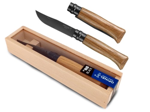Nóż Opinel Black 08 składany, dębowy w drewnianym pudełku prezentowym.