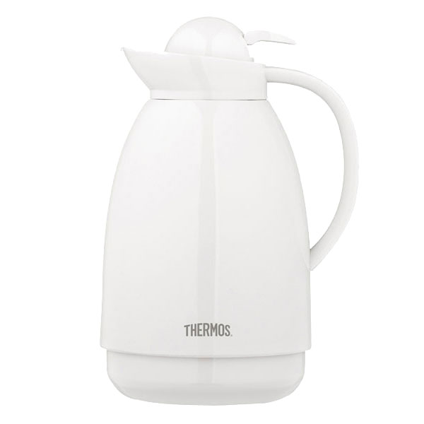 Biały termos stołowy Thermos Traditional o pojemności 1 litra z izolowanym próżniowo szklanym wkładem. Klasyczny design dzbanka z ergonomicznym uchwytem i logotypem marki Thermos.