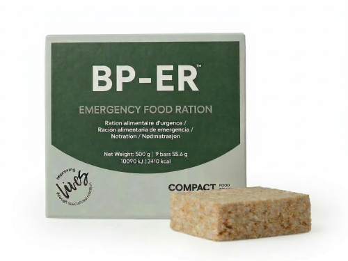 BP-ER Emergency Food Ration 500g - żywność przetrwaniowa długoterminowa. Produkt to skompresowana racja żywnościowa w formie 9 batonów, idealna do zestawów ucieczkowych (Bug Out Bag) oraz jako zapas strategiczny o długim  terminie przydatności