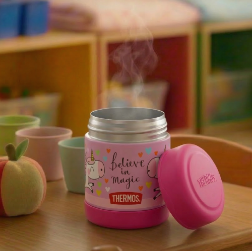 Thermos - termos dziecięcy na jedzenie – różowy z jednorożcem 290 ml - przykład użycia 12301D