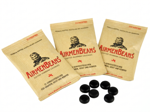 Opakowanie pastylek kofeinowych AirmenBeans z guaraną (21 g), wygląd opakowania z przodu i pastylek - zestaw 3 sztuk