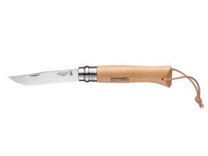 Nóż Opinel INOX No 8 - rękojeść drewniana bukowa , składany, z naturalnym rzemieniem
