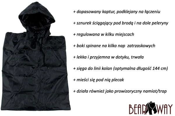 Poncho przeciwdeszczowe - peleryna przeciwdeszczowa, duża, rip-stop, czarna, krój US Army
